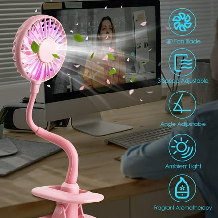 WD/&CD USB Clip Desk Fan Portable Desktop Clip Fan with Battery 800mah 2 Led Lights 3 Speeds Pink 7 Blades